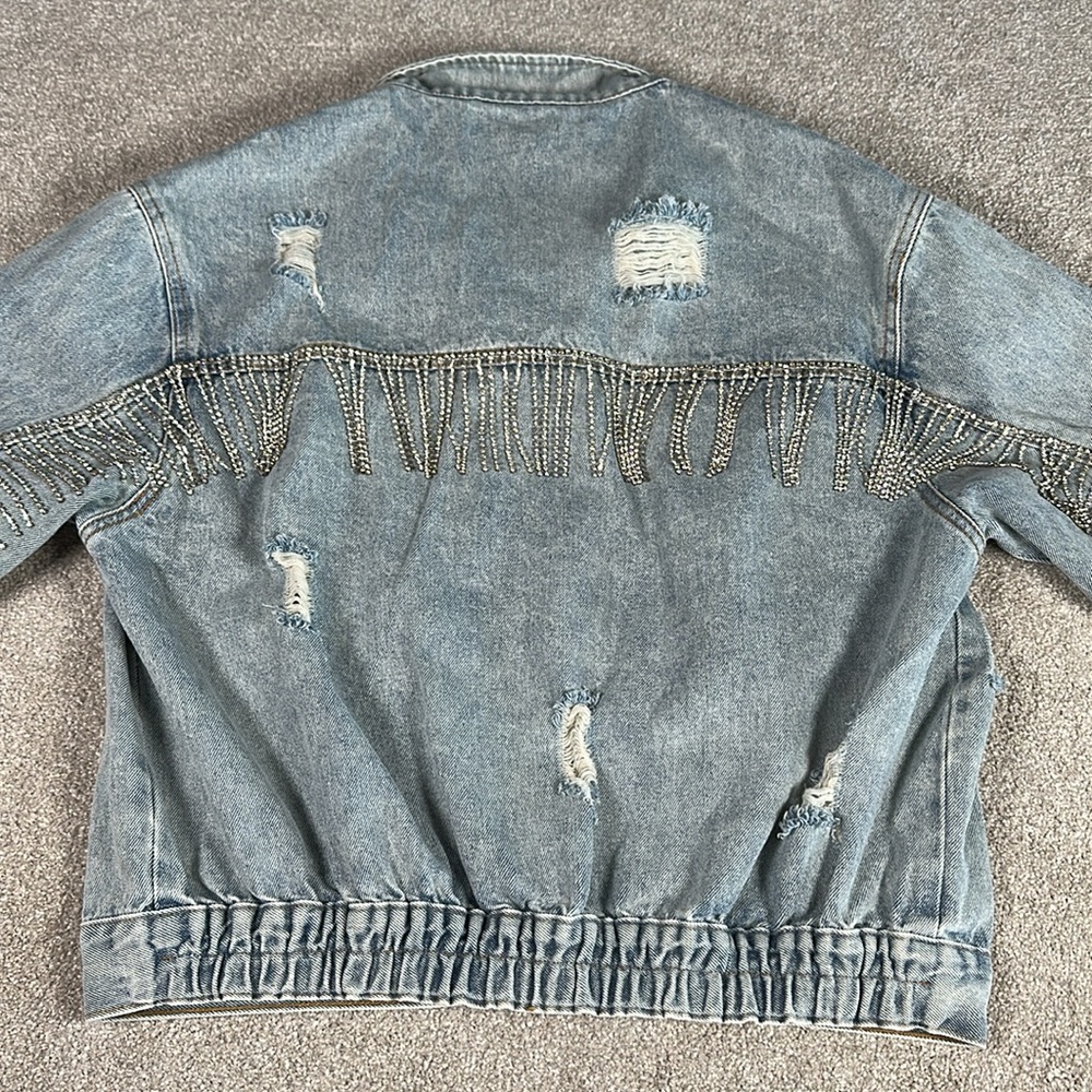 Distressed, rhinestone, fringe, jean jacket,‎ grunge, punk band rock - Picture 7 of 15